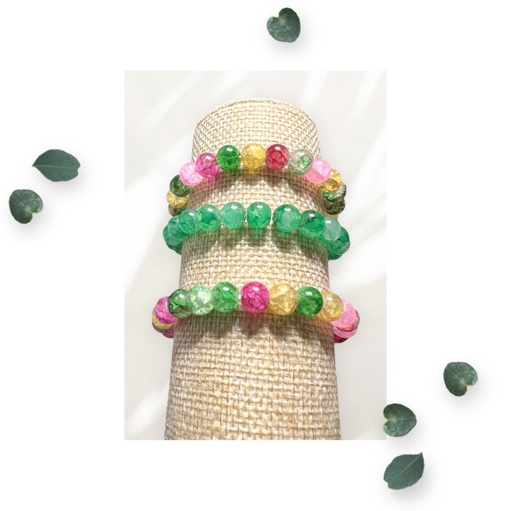 Set of 3 Green and Multicolor Glass Beaded Stretch Bracelets
